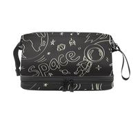 Space Rocket Planet Trousse de toilette double couche pour femme et fille avec compartiment à pinceaux, multicolore, 27x15x14 cm/10.6x5.9x5.5 in, Trousse de toilette
