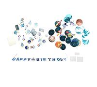 Space Theme Hanging Decoration, Childrens' Birthday Decoration Set, Spiral Garlands with Letter Banners and Cake Inserts, DIY Party Decor for Boys Girls, Reusable Material