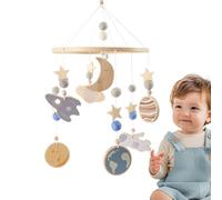 Space-Themed Crib Mobile, 360° Rotating Wooden Wind Chime, 9,8 x 15,7 pouces Nursery Decor, Eco Friendly Felt Natural Wood Gear, Navy Grey Palette, Tool for Sleep Visual Tracking