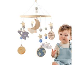 Space-Themed Crib Mobile, 360° Rotating Wooden Wind Chime, 9,8 x 15,7 pouces Nursery Decor, Eco Friendly Felt Natural Wood Gear, Navy Grey Palette, Tool for Sleep Visual Tracking