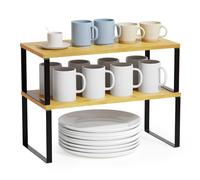 SpaceAid Lot de 2 organiseurs d'armoire pour comptoir de cuisine, étagère à épices, empilable et extensible (bambou et noir, long)