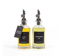 Spaceneat Lot de 2 bouteilles d'huile d'olive en verre (334,5 g) avec bec verseur noir lesté à fermeture automatique - Distributeur d'huile de cuisson avec 66 étiquettes, aligneur et entonnoir