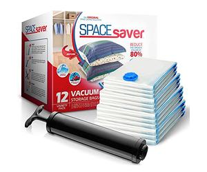SpaceSaver Lot de 12 sacs de rangement sous vide 3 petits 3 moyens 3 grands et 3 Jumbos Avec 80 % de place en plus par rapport à d'autres marques Pompe manuelle gratuite pour voyage.