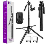 Spacetronik Set Selfie Stick Trépied avec 2 Lampes LED, Selfie Stick avec Télécommande Bluetooth, Hauteur Réglable Jusqu'à 180 cm, Léger et Portable, Compatible avec iPhone et Smartphones Android