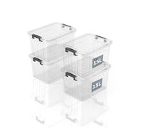 SpaceXpert Caisses de rangement en plastique avec couvercle, boîtes de rangement rayées 15L, conteneur empilable pour maison et bureau, bac transparent en polypropylène, 15L (lot de 4)