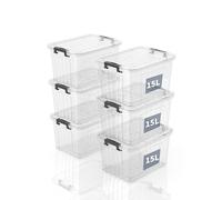SpaceXpert Caisses de rangement en plastique avec couvercle, boîtes de rangement rayées 15L, conteneur empilable pour maison et bureau, bac transparent en polypropylène, 15L (lot de 6)