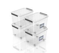 SpaceXpert Caisses de rangement en plastique avec couvercle, boîtes de rangement rayées avec roues 35L, conteneur empilable pour maison et bureau, bac transparent en polypropylène, 35L (lot de 4)