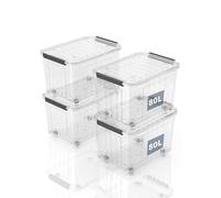 SpaceXpert Caisses de rangement en plastique avec couvercle, boîtes de rangement rayées avec roues 80L, conteneur empilable pour maison et bureau, bac transparent en polypropylène, 80L (lot de 4)