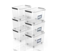 SpaceXpert Caisses de rangement en plastique avec couvercle, boîtes de rangement rayées avec roues 80L, conteneur empilable pour maison et bureau, bac transparent en polypropylène, 80L (lot de 6)