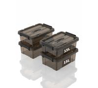 SpaceXpert Caisses de rangement et Boîtes de rangement en plastique avec couvercle et poignée 15L, conteneur empilable pour maison, bureau et garage, bac transparent marron portable, 15L (lot de 4)