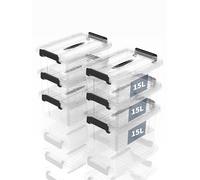 SpaceXpert Caisses de rangement et Boîtes de rangement en plastique avec couvercle et poignée 15L, conteneur empilable pour maison, bureau et garage, bac transparent portable, 15L (lot de 6)