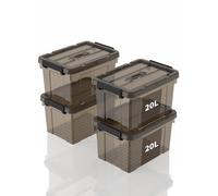 SpaceXpert Caisses de rangement et Boîtes de rangement en plastique avec couvercle et poignée 20L, conteneur empilable pour maison, bureau et garage, bac transparent marron portable, 20L (lot de 4)