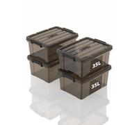 SpaceXpert Caisses de rangement et Boîtes de rangement en plastique avec couvercle et poignée 35L, conteneur empilable pour maison, bureau et garage, bac transparent marron portable, 35L (lot de 4)