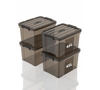 SpaceXpert Caisses de rangement et Boîtes de rangement en plastique avec couvercle et poignée 45L, conteneur empilable pour maison, bureau et garage, bac transparent marron portable, 45L (lot de 4)