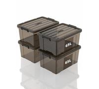 SpaceXpert Caisses de rangement et Boîtes de rangement en plastique avec couvercle et poignée 65L, conteneur empilable pour maison, bureau et garage, bac transparent marron portable, 65L (lot de 4)