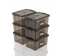SpaceXpert Caisses de rangement et Boîtes de rangement en plastique avec couvercle et poignée 65L, conteneur empilable pour maison, bureau et garage, bac transparent marron portable, 65L (lot de 6)