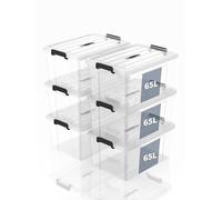 SpaceXpert Caisses de rangement et Boîtes de rangement en plastique avec couvercle et poignée 65L, conteneur empilable pour maison, bureau et garage, bac transparent portable, 65L (lot de 6)