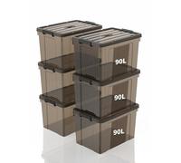 SpaceXpert Caisses de rangement et Boîtes de rangement en plastique avec couvercle et poignée 90L, conteneur empilable pour maison, bureau et garage, bac transparent marron portable, 90L (lot de 6)