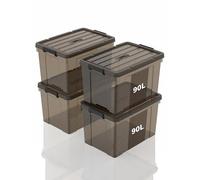 SpaceXpert Caisses de rangement et Boîtes de rangement en plastique avec couvercle et poignée 90L, conteneur empilable pour maison, bureau et garage, bac transparent marron portable, 90L (lot de 4)