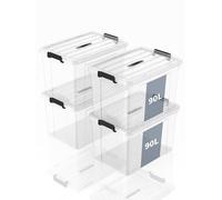 SpaceXpert Lot de 4 boîtes de rangement, en plastique, portables, avec poignée, empilables, pour chambre à coucher, école, transparent, 90 l