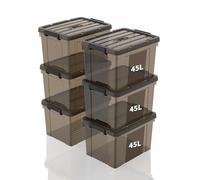 SpaceXpert Lot de 6 boîtes de rangement, en plastique portable, avec poignée, empilables, pour chambre à coucher, école, noir transparent, 45 l