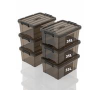 SpaceXpert Lot de 6 boîtes de rangement, en plastique portable, avec poignée, empilables, pour chambre à coucher, école, noir transparent, 35 l
