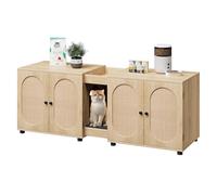 Spacious Double Cat Litter Box Enclosure Furniture - Hidden Rattan Doors, Storage Cabinet for Two Cats, Multi-Use Wooden Cat House, Fits Living Room - Wood Color, Fujimon
