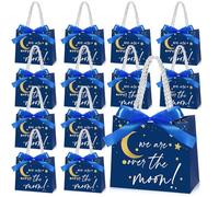 Spakon Lot de 25 sacs à dragées en forme d'étoile sur la lune avec poignées avec nœud et ruban en papier pour nouveau-né, fête prénatale, fête d'anniversaire
