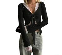 Spandex Blend Tie-Up Shirt Femmes Noir Blanc Base Layer | Détails d'épissure en dentelle, décolleté en V profond, pour une coupe ajustée, manches longues, pour une couche de base