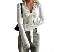 Spandex Blend Tie-Up Shirt Femmes Noir Blanc Base Layer | Détails d'épissure en dentelle, décolleté en V profond, pour une coupe ajustée, manches longues, pour une couche de base