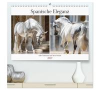 Spanische Eleganz. Edle Schimmel auf dem Gestüt (hochwertiger Premium Wandkalender 2027 DIN A2 quer), Kunstdruck in Hochglanz: Ein eleganter ... in ruhigen und kraftvollen Momenten zeigt.