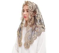 Spanish Mantilla Broderie voile de dentelle catholique église Mantillas Chapelle Écharpe Dentelle Messe, Doré/noir, 120cm*60cm