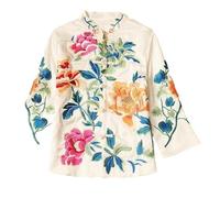 Sparctwer Veste de style chinois pour femme - Chemisier brodé de style ethnique rétro brodé chemisier chinois pour femme - Manteau à épaules droites - Vêtements orientaux, crème, blanc, M