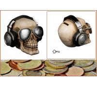 Spardose-Totenkopf-Sonnenbrille-Kopfhörer-Deko-Sparschwein-Vintage-Ca 16x13cm