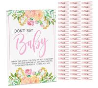 Sparkle and Bash Panneau de jeu Don't Say Baby Shower - 20,3 x 25,4 cm, 60 pinces à linge roses et motif floral pour fête prénatale pour fille