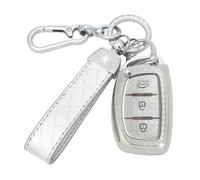 SparkleJoy Coque Clé Voiture avec Porte-Clés en Cuir,Etui Clé Étui ompatible avec Hyundai i20 i30 i40 ix25 ix30 ix45 Santa Fe Ioniq Sonata Kona Tucson Elantra Solaris Accent - Smart Key (Argent)