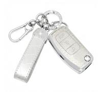 SparkleJoy Coque Clé Voiture TPU avec Un Porte-Clés en Cuir,Etui Clé Étui Clé Compatible avec Ford Fiesta Focus Mondeo Tourneo Ecosport Galaxy Kuga Falcon Fusion Escort Ka B-Max - Flip Key (Argent)