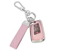 SparkleJoy Coque Clé Voiture TPU avec un Porte-Clés en Cuir,Etui Clé Étui Clé Compatible avec Kompatibel mit VW Golf 7 Polo Tiguan Mk7 Skoda Touran Fabia Octavia Superb Seat Leon - Smart Key (Rose)