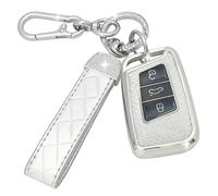 SparkleJoy Coque Clé Voiture TPU avec un Porte-Clés en Cuir,Etui Clé Étui ompatible avec Kompatibel mit VW Golf 7 Polo Tiguan Mk7 Skoda Touran Fabia Octavia Superb Seat Leon - Smart Key (Argent)