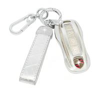 SparkleJoy Coque Clé Voiture TPU avec un Porte-Clés en Cuir,Etui Clé Étui Clé Compatible avec Porsche Cayenne 958 911 996 Macan Panamera 997 987 987 GT3 Cayman ，Couvre Clef Cache Cle Voiture (Argent)