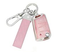 SparkleJoy Coque Clé Voiture TPU avec Un Porte-Clés en Cuir,Etui Clé Étui ompatible avec VW Volkswagen Passat B8 Golf 7 Tiguan T-Cross Polo CC Seat Leon Ibiza Skoda Kodiaq - Flip Key (Rose)