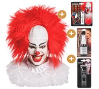 Sparklers Club Pack Clown Horreur 4 Produits Perruque Maquillage Halloween | Pack Complet 4 Éléments, Perruque Clown Multicolore, Kit Maquillage avec Nez Rouge et Éponge, Spray Faux Sang 28 ml