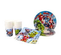 SPARKLERS CLUB Pack de fête Marvel Avengers, Lot de 52 pièces, 16 assiettes, 16 gobelets, 20 serviettes, vaisselle jetable, vaisselle de fête, décoration de table