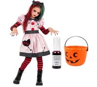 Sparklers Club Pack Déguisement Poupée Possédée Fille 7-9 Ans Polyester | Costume 5 Pièces Polyester, Palette 7 Couleurs avec Applicateur, Spray Faux Sang 28 ml, Seau Citrouille 14x18 cm, Taille 7-9