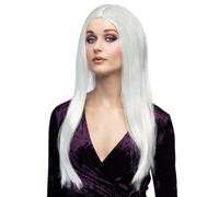 Sparklers Club Perruque Sorcière Blanche Longue Cheveux Raides Halloween | Cheveux Blancs Longs et Raides, Bonnet Ajustable Confortable, Compatible Chapeau Pointu, Résistant aux Soirées, Lavable
