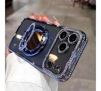 Sparkling Diamond Women's Phone Case with Mirror & Stand for iPhone 13/14/15/16/17 Pro Max, Magnetic Kickstand Glitter Rhinestone Phone Case (Blue,17Promax)