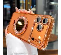 Sparkling Diamond Women's Phone Case with Mirror & Stand for iPhone 13/14/15/16/17 Pro Max, Magnetic Kickstand Glitter Rhinestone Phone Case (Orange,14PROMAX)