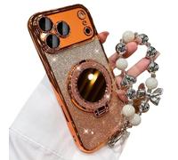 Sparkling Diamond Women's Phone Case with Mirror & Stand for iPhone 17/16/15/14/13 Pro Max, Shimmer Diamond Magnetic Shockproof Phone Case with Lens Protector (Orange,15)