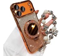 Sparkling Diamond Women's Phone Case with Mirror & Stand & Pearl Lanyard for iphone 17 Pro Max, Magnetic Kickstand Shockproof Fully Enclosed Phone Case for iPhone Series (12 Pro,Orange)