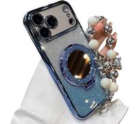 Sparkling Diamond Women's Phone Case with Mirror & Stand & Pearl Lanyard for iphone 17 Pro Max, Magnetic Kickstand Shockproof Fully Enclosed Phone Case for iPhone Series (17,Blue)